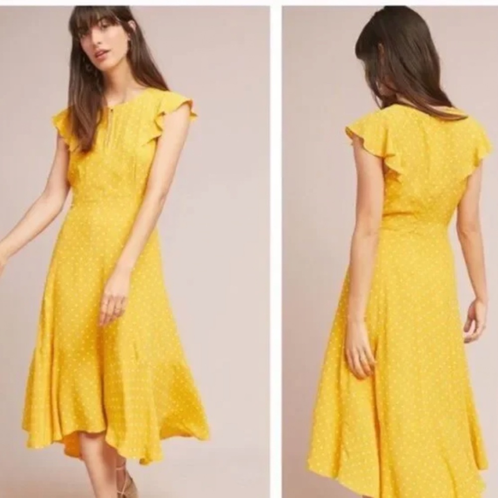 Anthropologie Yellow Polka Dot Flutter Sleeve Midi Dress